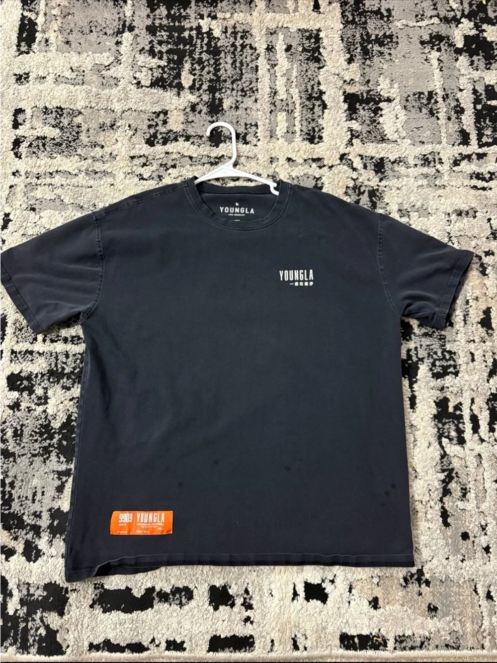 YoungLA Black Crewneck T-Shirt with Orange Patch